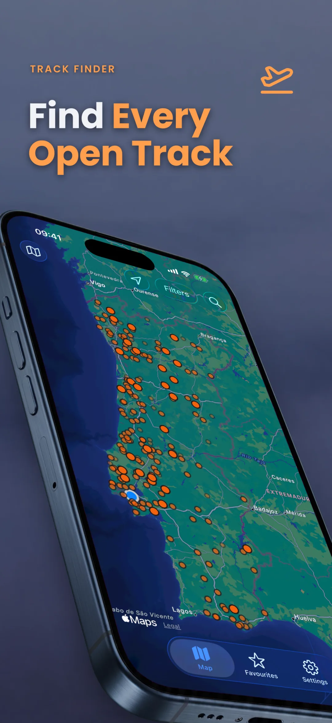 Find every open track: OpenTracks on iPhone, a map of Portugal with every track marked