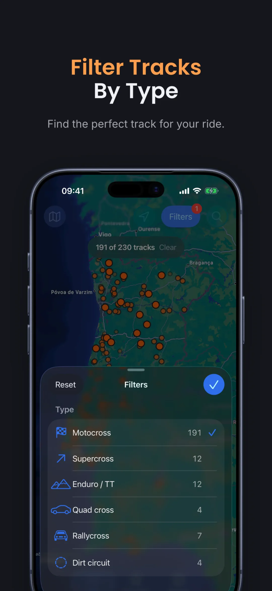 Filter tracks by type: the filters sheet with motocross, supercross, enduro, quad cross, rallycross and dirt circuit